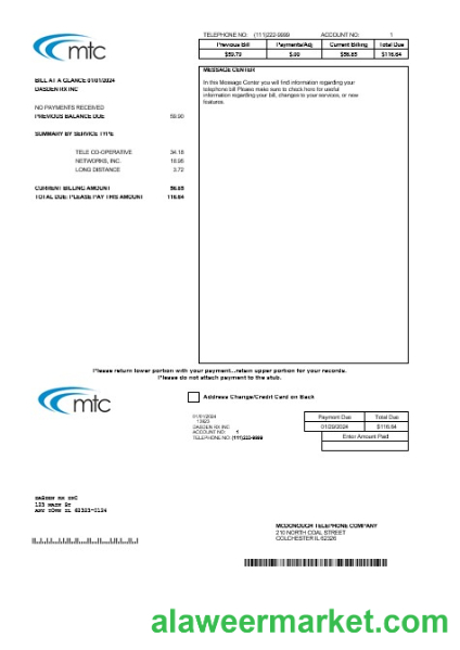USA Illinois MTC business utility bill template in Word and PDF formats